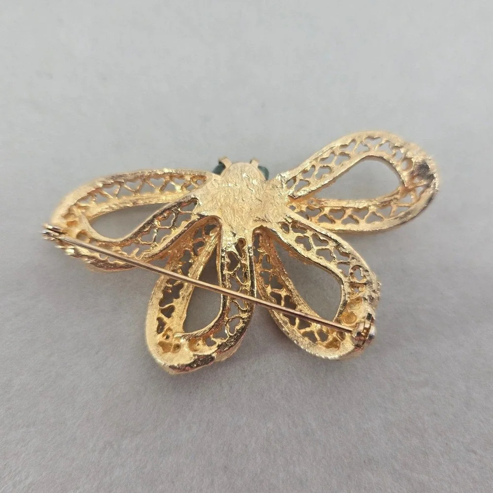Unbranded Brooch Womens OS Filigree Bow Gold Green Jadeite Butterfly EUC